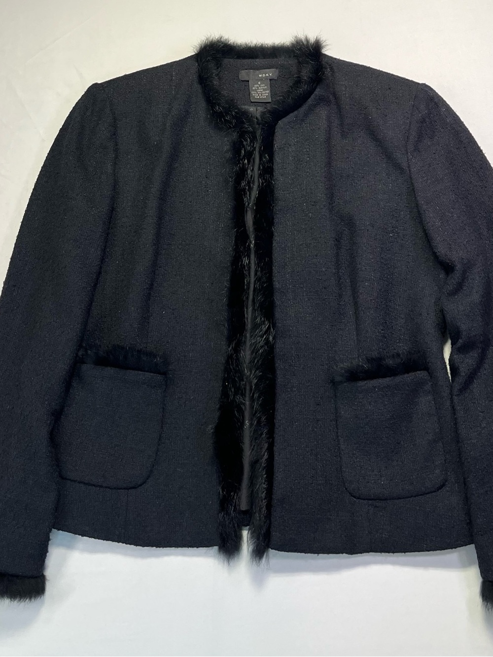 W.D.N.Y. Women's Vintage Black Tweed Faux-Fur Trim Silk Jacket - 6